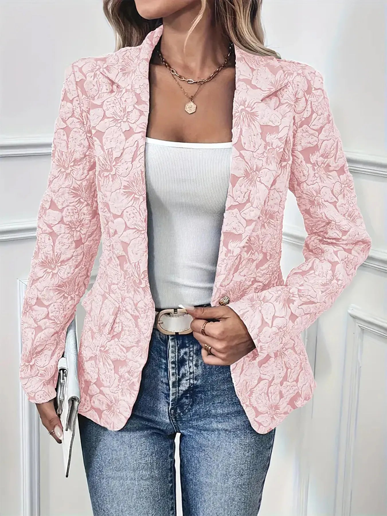 Women's Blazer Pink Floral Print Single Button with Pockets 1789db9f834f46209b45ebaaf208bcd9-Max-Origin Trendsi