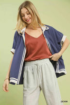 Umgee Women Blouse Blue Linen Button Front Top with Contrast Piping Top 178b2b98-297a-4a9c-9a3f-6b4b71649c00-Max-Origin Trendsi