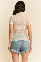 Davi & Dani Women's Top Floral Mesh Mock Neck Short Sleeve Blouse Olive Sage 179a6e534bfe40d2b5ecc06449c94b7d-Max-Origin Trendsi
