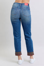 Judy Blue Women Jeans Plaid Print Cuff Straight Leg Blue Pants with Pockets 179a94ad-3db8-42d9-80b3-e93d011905e5-Max Trendsi