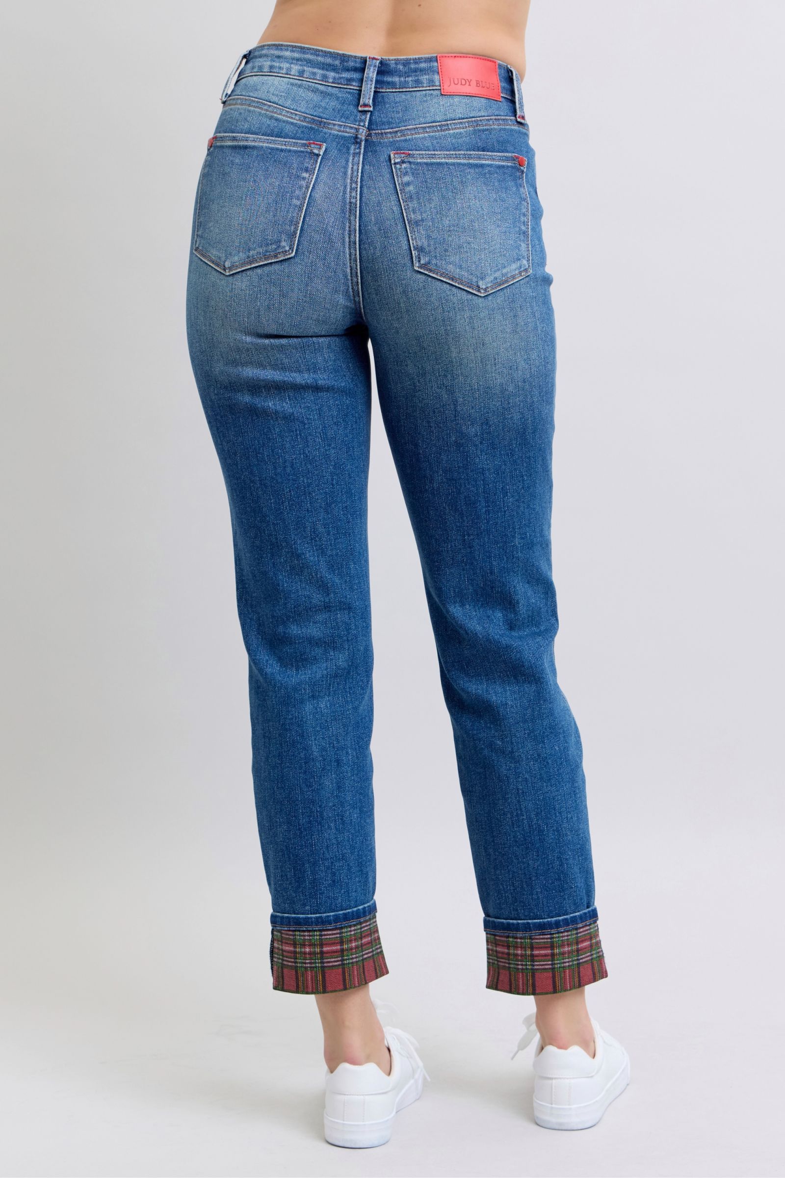 Judy Blue Women Jeans Plaid Print Cuff Straight Leg Blue Pants with Pockets 179a94ad-3db8-42d9-80b3-e93d011905e5-Max Trendsi