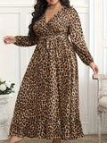 Plus Size Leopard Print Surplice Maxi Dress with Belted Waist