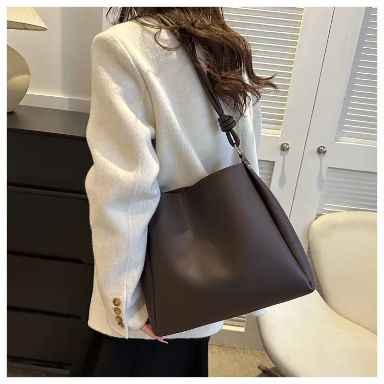 Women's Casual Shoulder Bag Simple PU Leather Knot Straps Black Handbags
