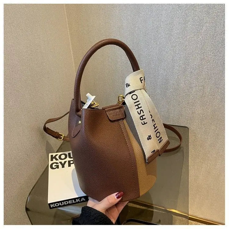 Women's Bucket Bag Small Coffee Brown PU Leather Two-Tone Casual Crossbody