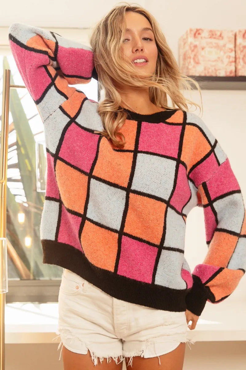 BiBi Women's Sweater Checker Orange Red Multi Color Pattern Oversized 17a0d7c6f023482b94146c2f58420815-Max-Origin Trendsi