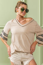BiBi Cotton T-shirt Triblend Knit with Leopard Short Sleeve Band Detail Top 17a3b1829edc441296d556490f060fb4-Max-Origin Trendsi