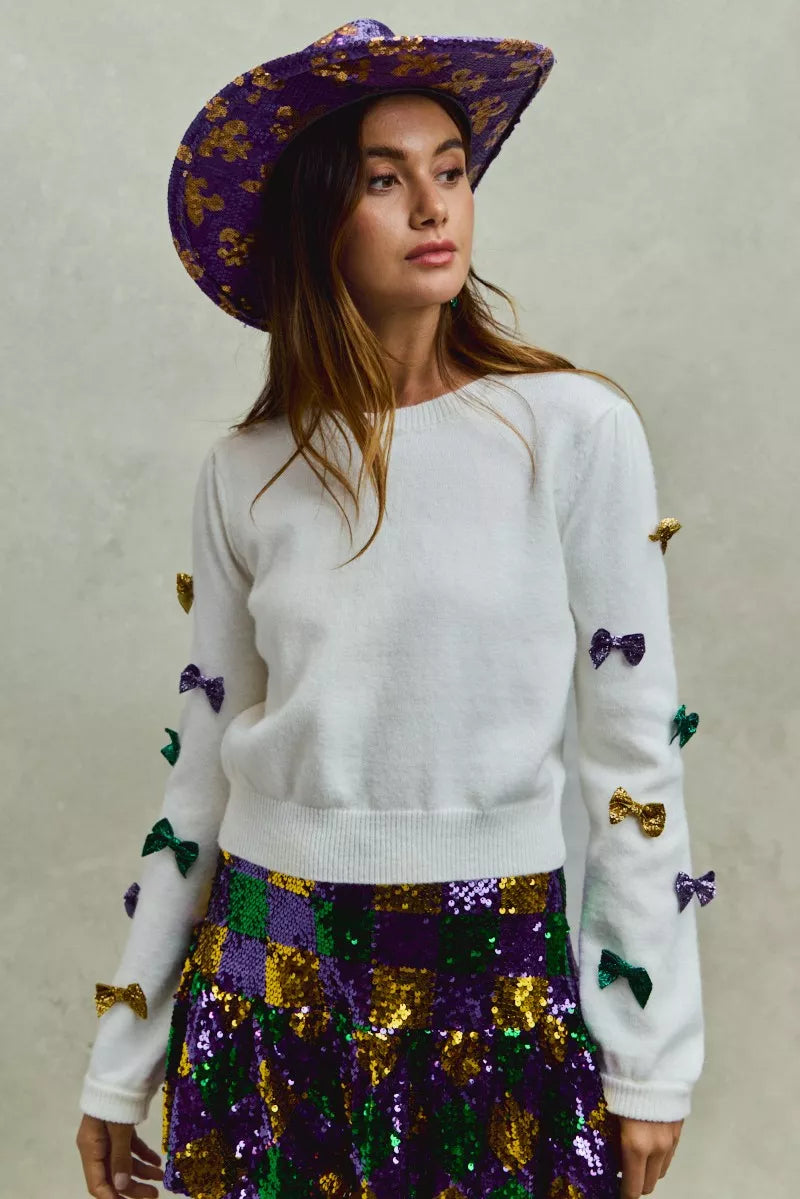 SO ME Sweater Knit Top Mardi Gras Glitter Bow Ribbon Ivory 17a3c81d29f3430483e62c6e9e64ffac-Max-Origin Trendsi