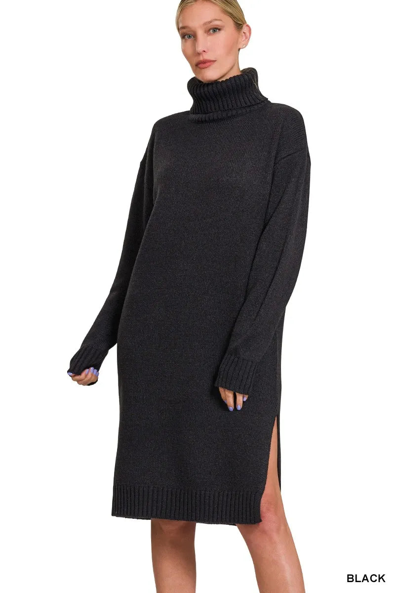 Zenana Midi Sweater Dress Black Turtle Neck Long Sleeve Side Slit BLACK 17a5eed64e414f30842726c57e3d8552-Max-Origin Trendsi
