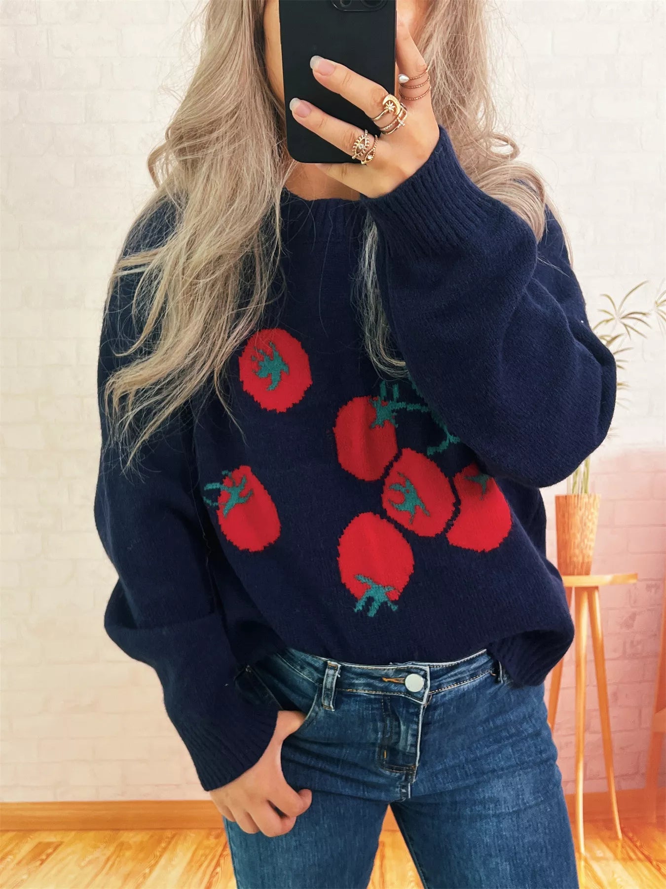 Women's Sweater Persimmon Round Neck Long Sleeve Pullover 17a76cf7968a454aa046d65c24e3120b-Max-Origin Trendsi