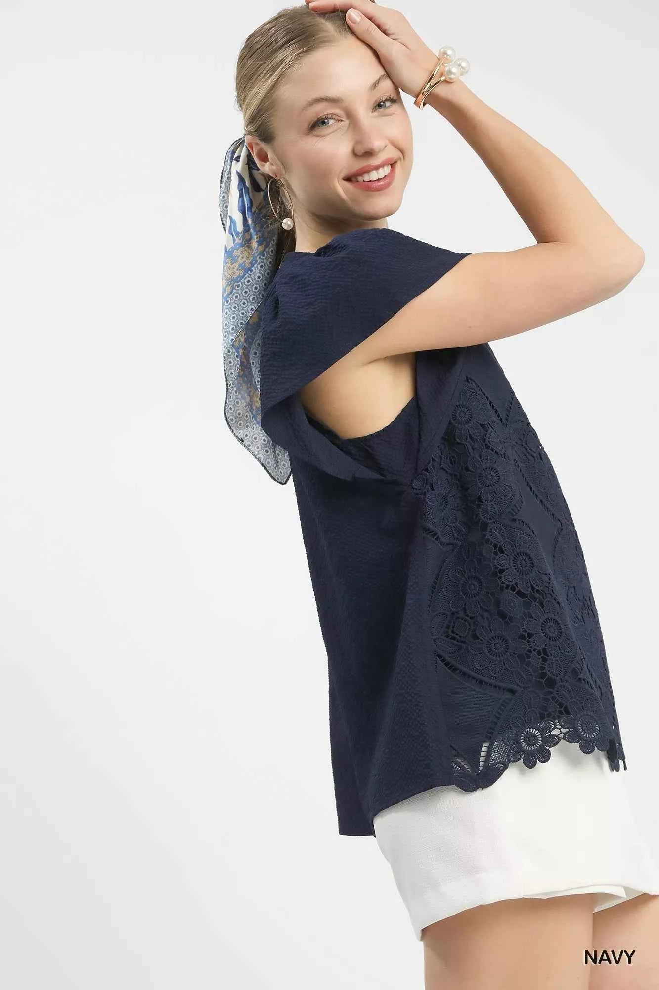 Umgee Blouse Floral Lace Navy Blue Overlay Flutter Short Sleeve Top 17a993a1-8810-4c8f-a4fc-285c9f1d2fd4-Max-Origin Trendsi