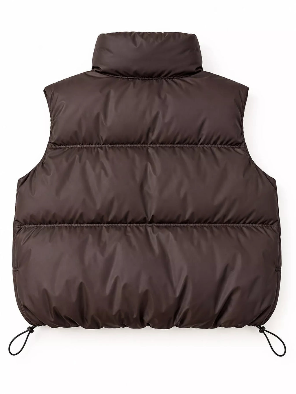 Rear view of brown puffer coat displaying continuous quilting pattern