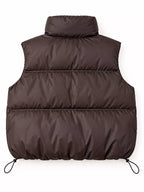Rear view of brown puffer coat displaying continuous quilting pattern