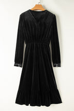 Black Velvet Midi Dress Ruffle Hem Slit V-Neck Buttoned Long Sleeve Dresses 17b30496-c3a9-4102-9355-c392e3a4751d-Max Trendsi