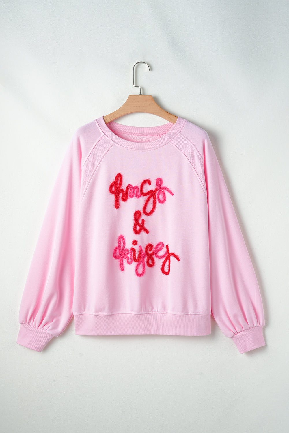 Valentine’s Day Pink Sweatshirt HUG AND KISSES Embroidery Round Neck Tops