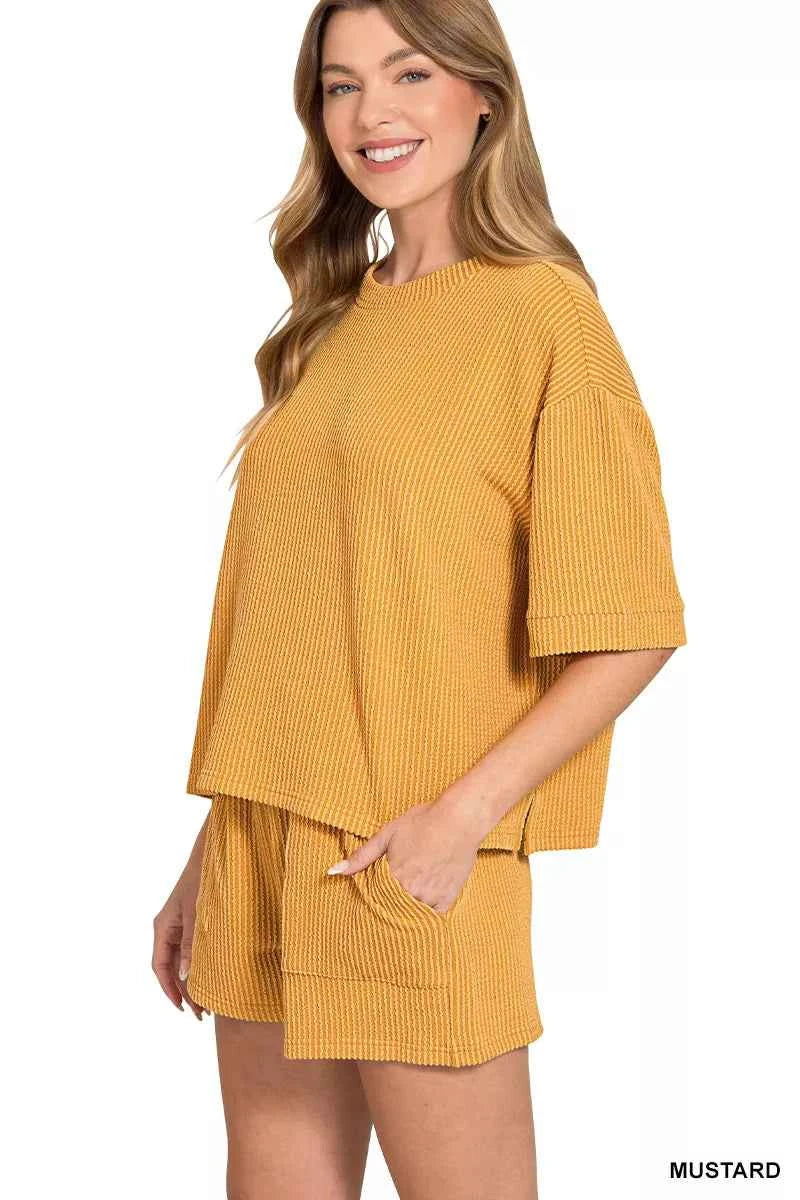 Zenana Outfit Set Mustard Raised Rib Short Sleeve Tee and Drawstring Shorts 17b86f4b-3310-4379-9078-1c6768f41416-Max-Origin Trendsi