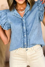 Ruffled Denim Shirt Women's Light Blue Raw Hem Short Sleeve Cotton Top Light Blue 17c32e94-3163-4ae5-819c-e274f5cdfb2b-Min Trendsi