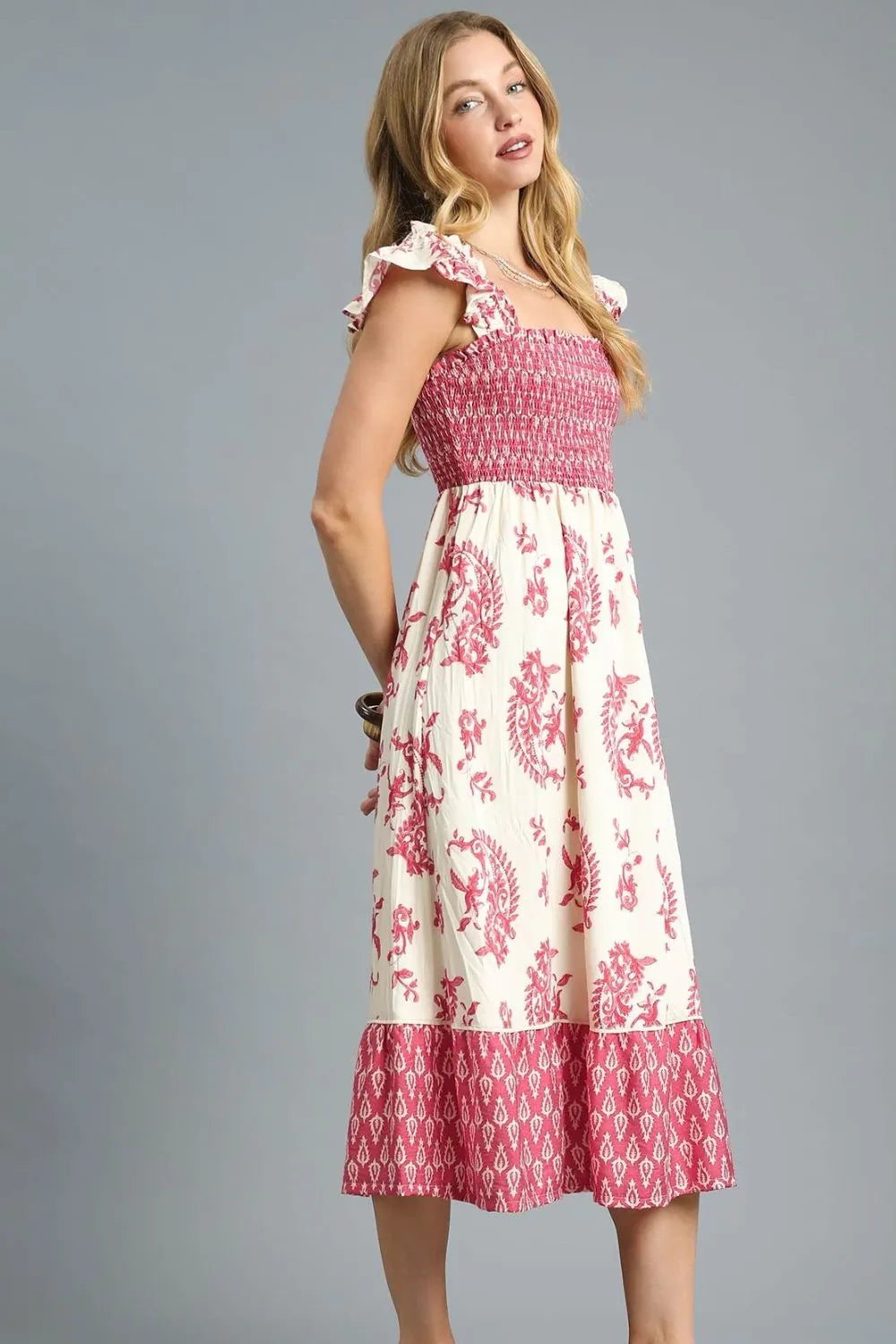 Umgee Ruffle Midi Dress Rose Paisley Printed Smocked Square Neck 17cc6bff-00e1-4874-b15d-97e9167cb770-Max-Origin Trendsi