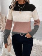 Striped Sweater Color Block Mock Neck Long Sleeve Soft Knitwear 17d05b11-efc1-4001-9f0f-615992e9cf0e-Max Trendsi