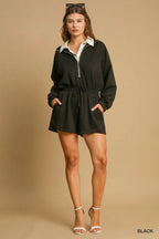 Umgee Black Romper Half Zip with Drawstring Waist Pocketed 17d1ec91-36a6-42a1-ad1e-7815502c2013-Max-Origin Trendsi