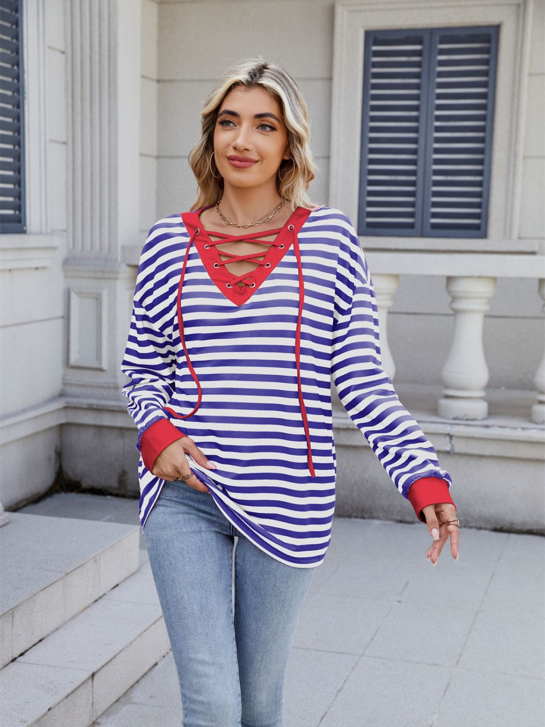 Striped T-Shirt Lace-Up Crisscross V Neck Long Sleeve Blouse Top 17d52eff-690a-4f01-aece-c6a410a17b6c-Max Trendsi