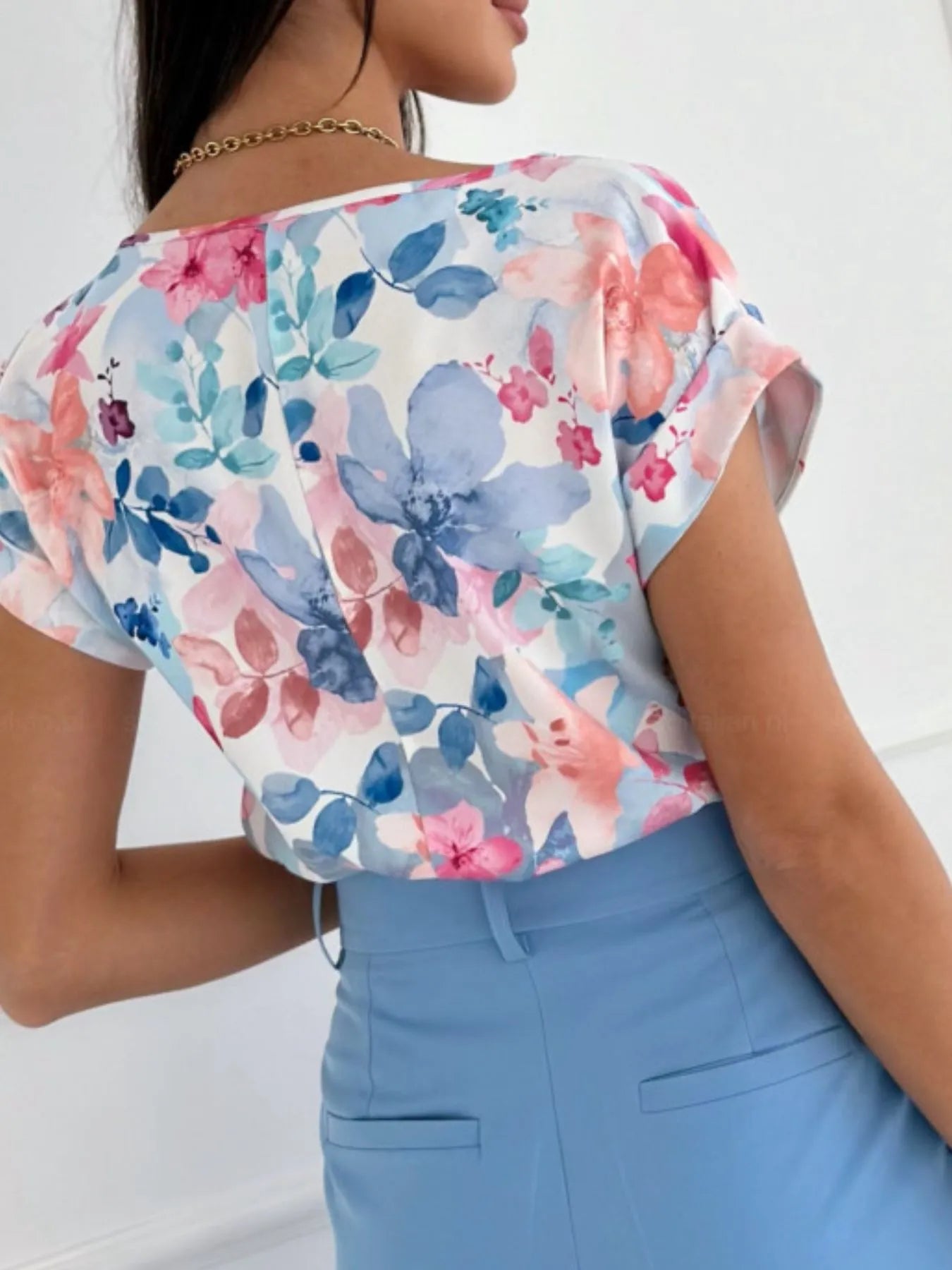 Women's T-Shirt Classic Rolled Tab Sleeve Floral Solid Tops 17da31dd-ee9c-4bdc-80aa-7660572ce23d-Max-Origin Trendsi