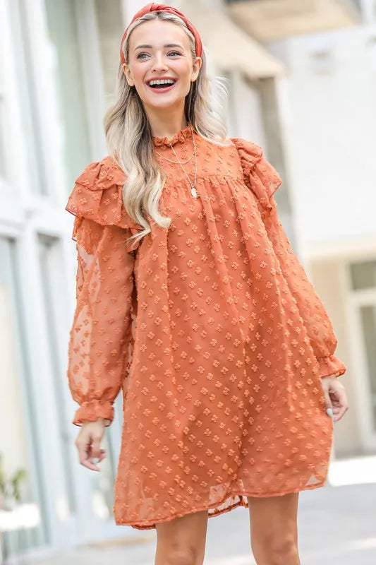 And The Why Mini Dress Swiss Dot Camel Lovely Ruffle Shoulder with Textured 17db86d1825e4e73a89254b724b5bcc4-Max-Origin Trendsi