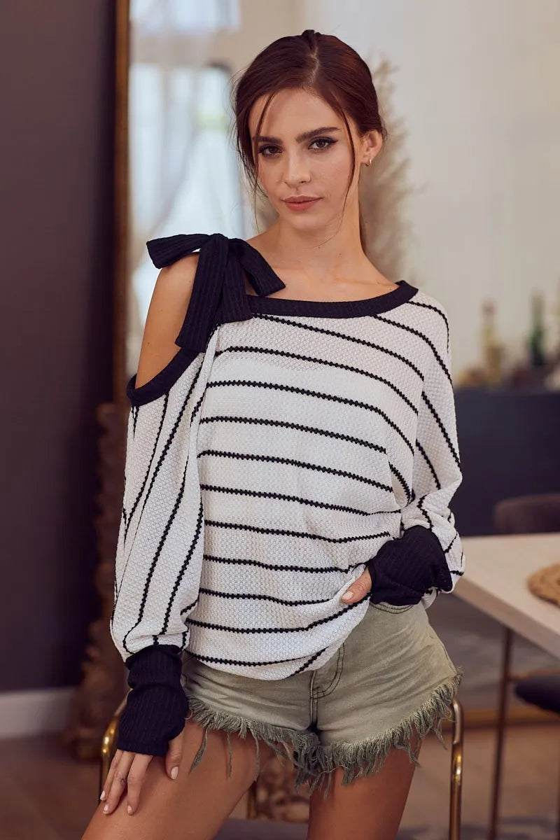 BiBi Blouse Stripe Yarn Dye Waffle One Shoulder Ribbon Detail Top 17dd7fb49a06414f9379b0c4b0bca396-Max-Origin Trendsi