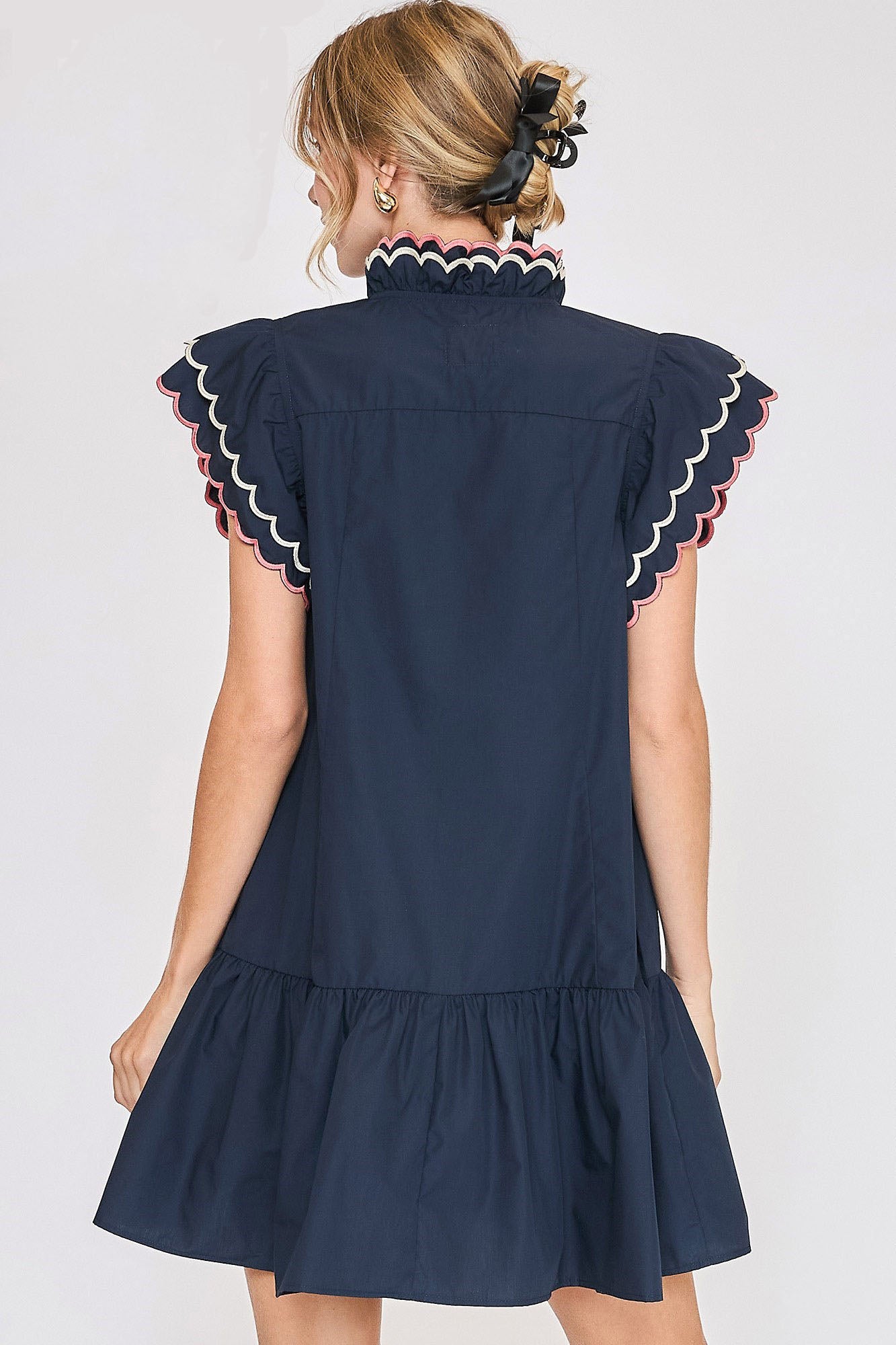 Umgee Mini Dress Ruffled Scalloped Sleeved V Neck Dark Navy Ruched 17ea7994-1d4c-4aa4-a8a0-c871748d17b0-Max Trendsi