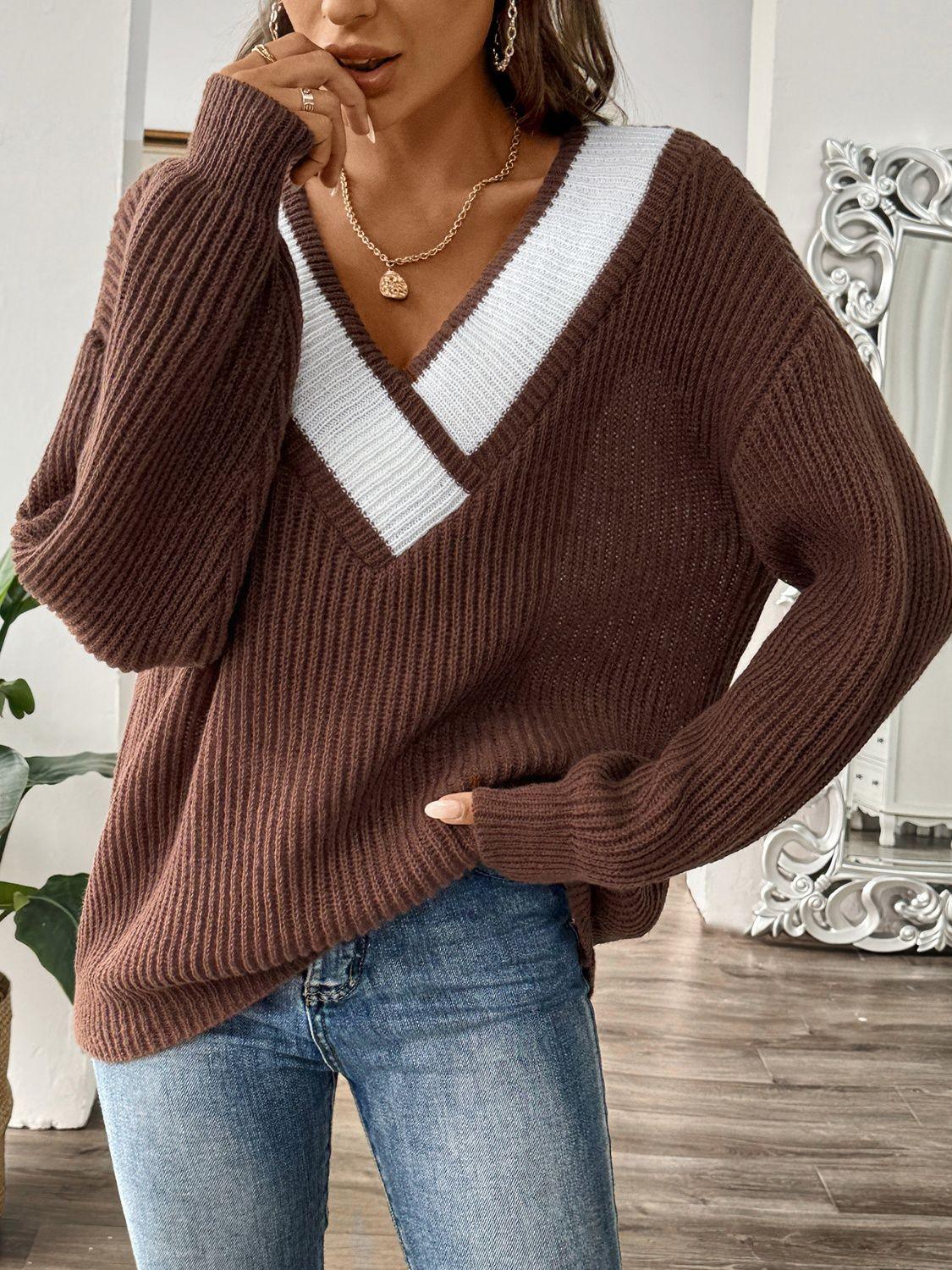 Sweater V Neck Contrast Dropped Shoulder Long Sleeve Knitwear 17f56cff-7d2b-46c3-8c34-c50631fe3029-Max Trendsi