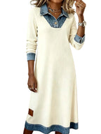 Plus Size Full-Length Ribbed Knit Midi Dress with Denim Trim