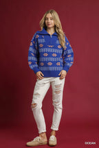 Umgee Womens Sweater Ocean Blue Floral Patterned Jacquard Quarter-Zip Pullover 17fcd69a-0c34-4415-9ceb-71b4ea16cbf5-Max-Origin Trendsi