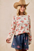 BiBi Womens Knit Top Floral Print Washed Waffle Thermal Blouse 18033041c63a4cb0bb80f48ae323f59b-Max-Origin Trendsi