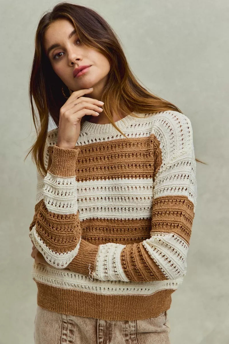 SO ME Women Sweater Openwork Textured Wide Stripe Cream Taupe Pullover 1803f449a0ae4e9f9e88ff43ebab618e-Max-Origin Trendsi