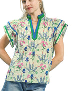 Umgee Mixed Floral Print Blouse with Contrast Trim and Flutter Sleeves