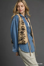 Umgee Womens Vest Sherpa Tie-Front Ecru Mix Geometric Patterned Pocketed 18173d27-62a9-4cb8-8bc6-12e7fb6b8756-Max-Origin Trendsi
