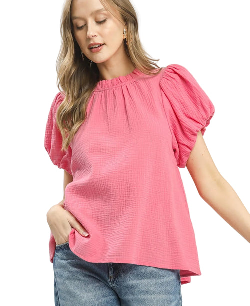 Umgee Textured Gauze Ruffle Neck Boho Top