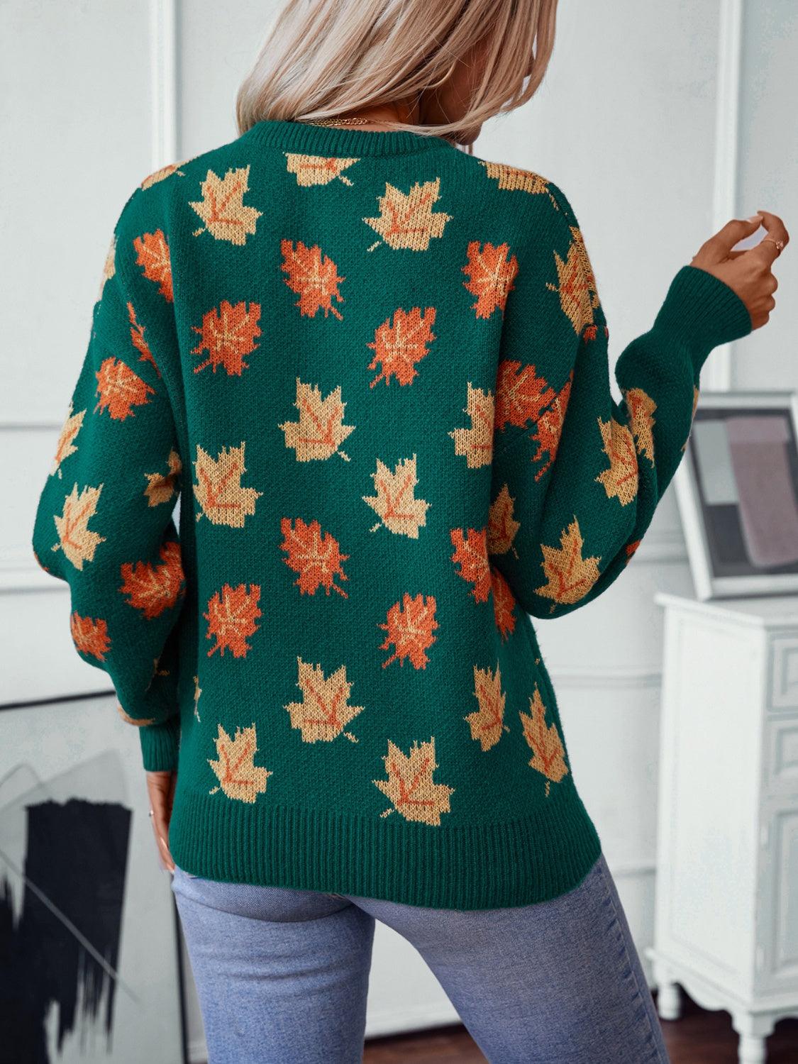 Maple Leaf Sweater Round Neck Long Sleeve Green Pullover 1817c33a-bfc8-4e2f-b89f-0ff3149c887e-Max Trendsi