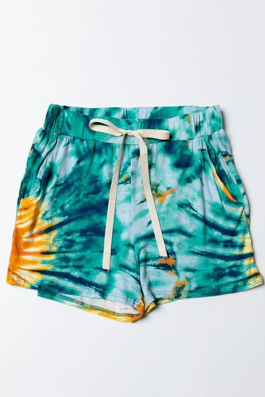 BiBi Shorts Tie Dye Floral Print Casual Teal Green Pocketed TEAL GREEN MUSTARD 1823a1baab2a4a81a393391ad75694e8-Max-Origin Trendsi