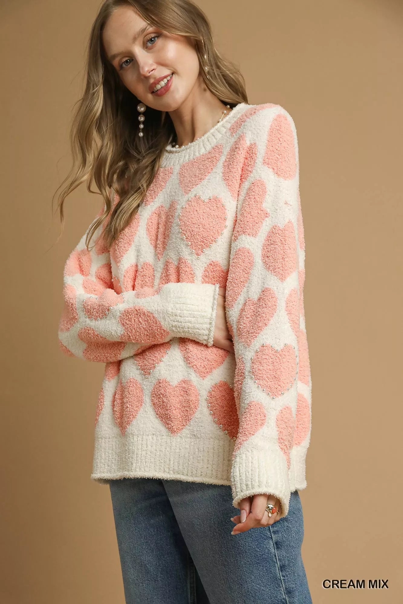 Umgee Womens Sweater Heart Cream Pink Mix Pearl Pattern Accent 18293dff-cdb1-4bbd-b3bf-f9a22b72900e-Max-Origin Trendsi