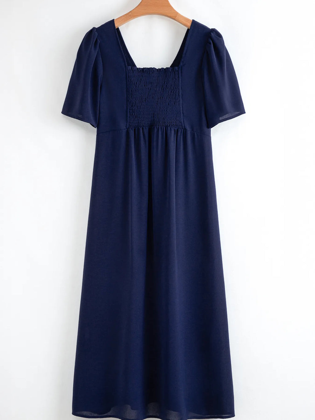 Midi Dress Navy Blue V Neck Buttoned Front Shirred Back Short Sleeve 1830e4aeed78462498973b9540594ff3-Max-Origin Trendsi