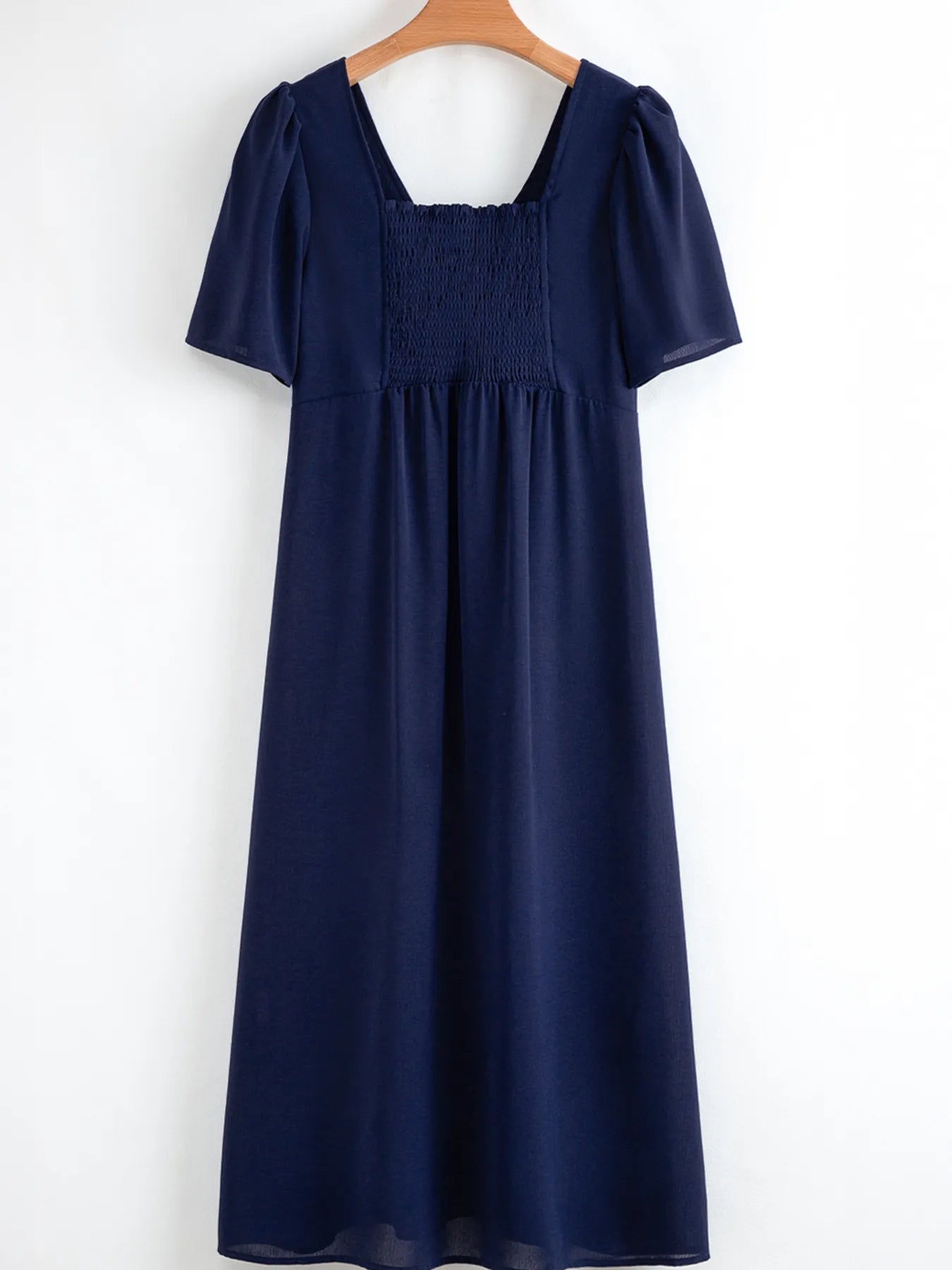 Midi Dress Navy Blue V Neck Buttoned Front Shirred Back Short Sleeve 1830e4aeed78462498973b9540594ff3-Max-Origin Trendsi
