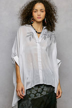 POL Embroidered Floral Button-Down Shirt with High-Low Hem