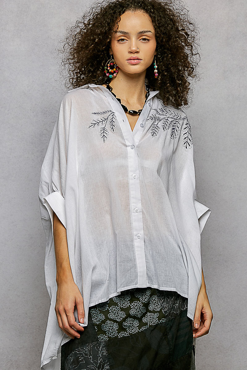 POL Embroidered Floral Button-Down Shirt with High-Low Hem