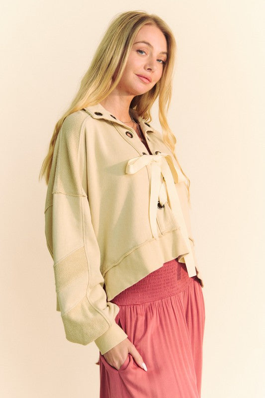 Women's Lace Up French Terry Top Davi & Dani Exposed Seam Long Sleeve Tan 18416416-5672-4354-b7f3-a46004f362ab-Max Trendsi