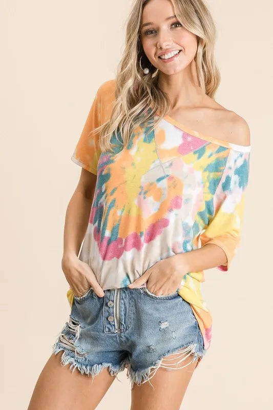 BiBi Tie Dye Print Short Sleeve T-Shirt with Raglan Sleeves 18544a7c08cd4799b16bfef63f466c46-Max-Origin Trendsi