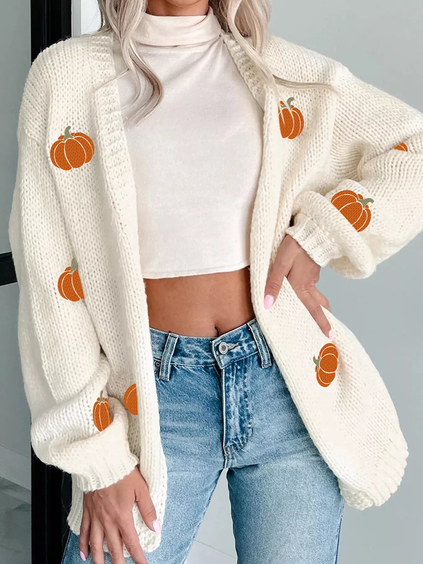 Women's Cardigan Cream Halloween Pumpkin Embroidered Knit Open Top White 1855326795c14863857b0fd9dc821e6a-Max-Origin Trendsi