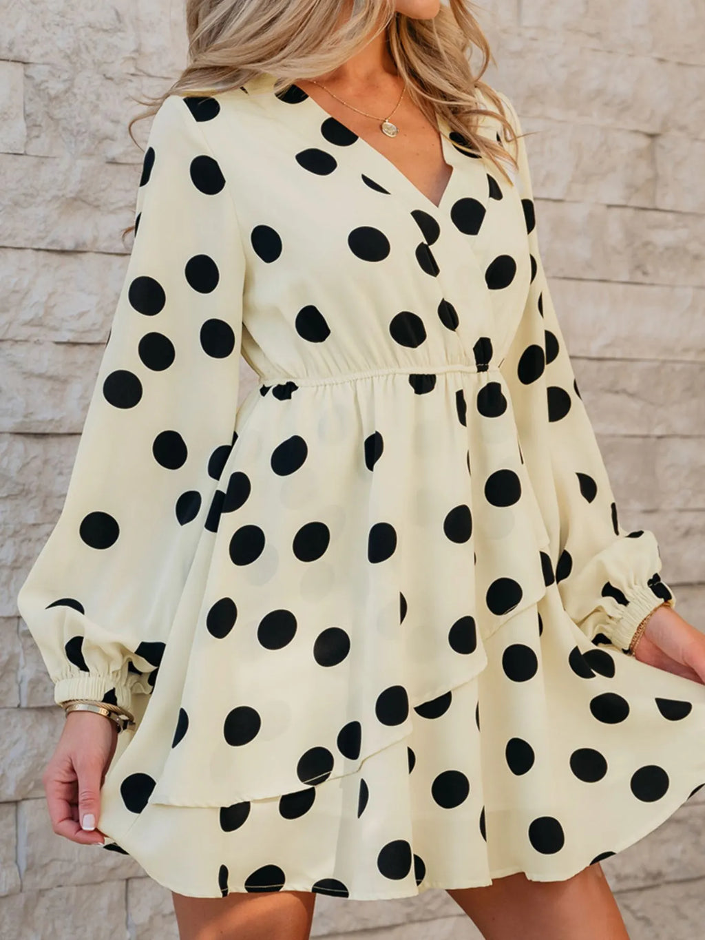 Mini Dress Polka Dot Beige Surplice V Neck Ruffled Puff Long Sleeve 185b13cc-7ace-4387-973a-d9256930036e-Max-Origin Trendsi