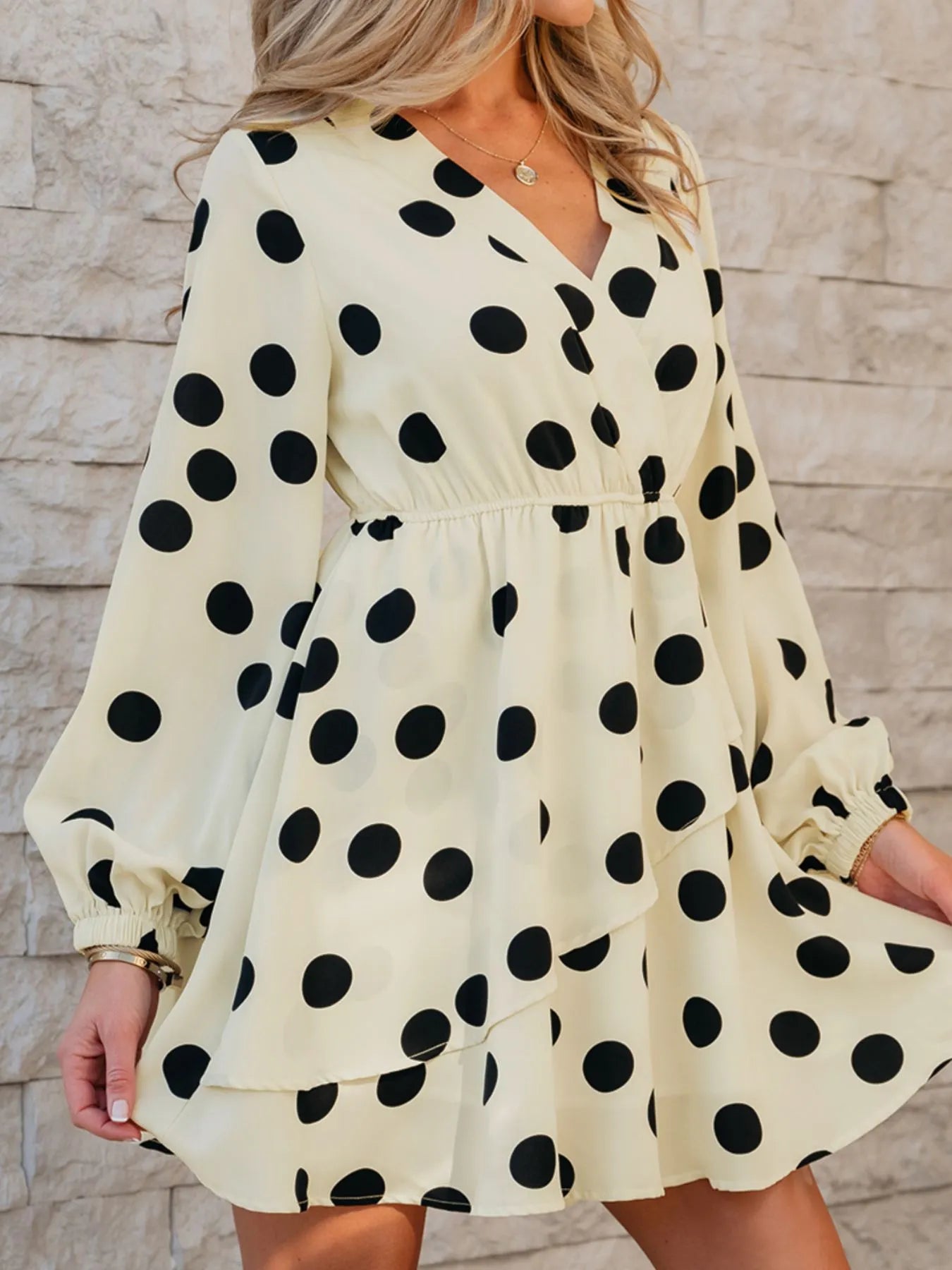 Mini Dress Polka Dot Beige Surplice V Neck Ruffled Puff Long Sleeve 185b13cc-7ace-4387-973a-d9256930036e-Max-Origin Trendsi