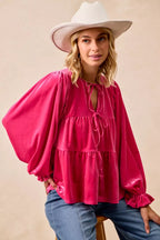 BiBi Womens Blouse Christmas Theme Velvet Bow Tied Ruffled Top 18661ab1c39143f7976058eb7aee90cb-Max-Origin Trendsi