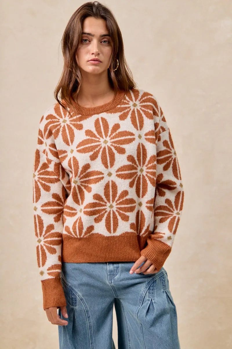 BiBi Sweater Women's Flower Pattern Rust Ivory Long Sleeve Knit Pullover 186c13f32aed4f019a92716c3e9b1e0b-Max-Origin Trendsi